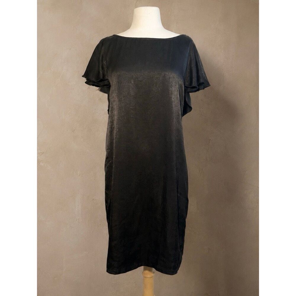 Anthropologie Sz S The Odells Black Satin Ruffle Mini Dress NWT